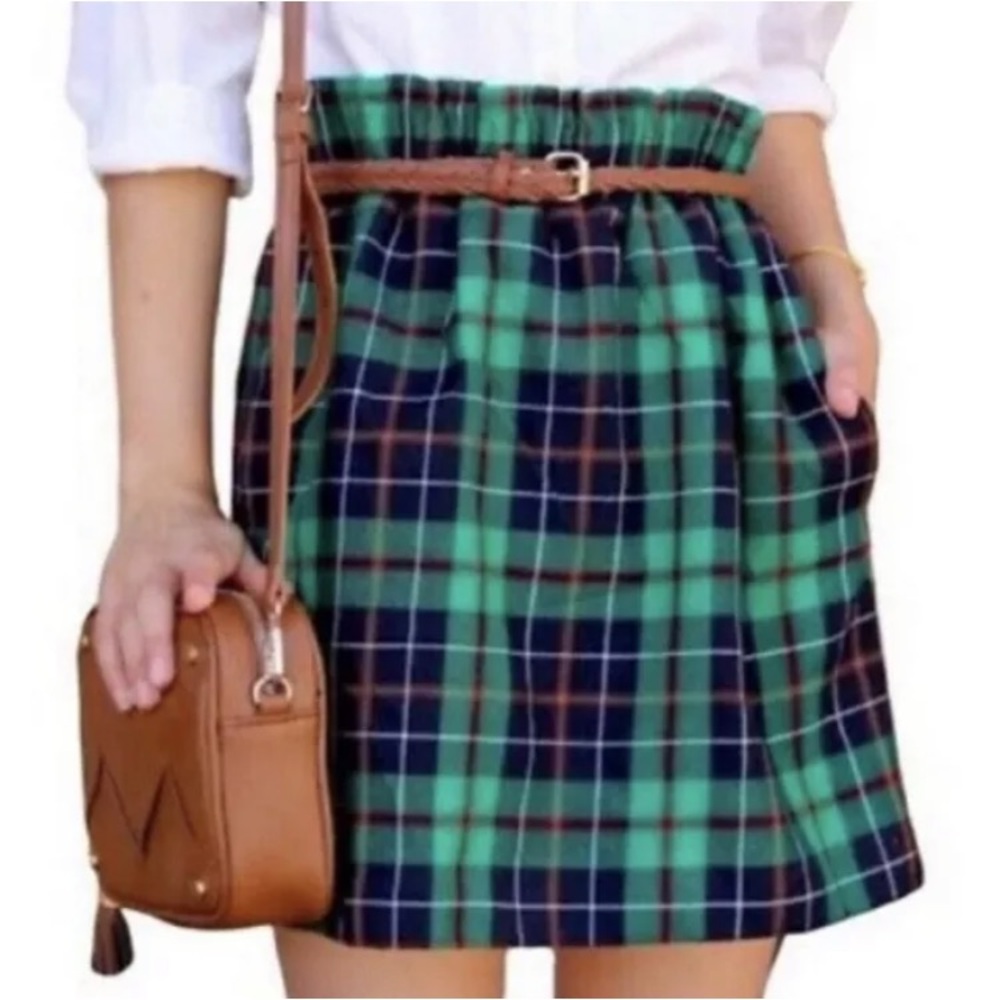 J. Crew Green Blue 100% Wool Dublin Tartan Plaid Skirt Paperbag 2